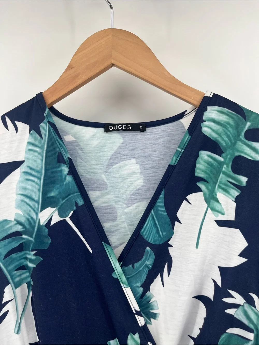 Tropical Palm Leaf Maxi Dress Medium Navy Blue White Resort Vacation Pockets - Picture 6 of 8